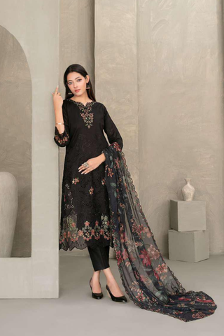ZAYRA by Tawakkal Fabrics | Fancy Embroidered Cross Slub Lawn 3 Piece Semi-Stitched Suit D-3