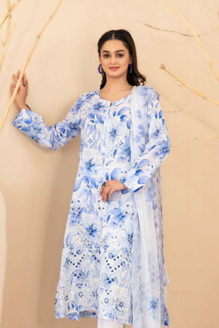 Eshanah by Tawakkal Fabrics | Embroidered Digital Printed Cross Slub Lawn 3 Piece Unstitched Suit D-12