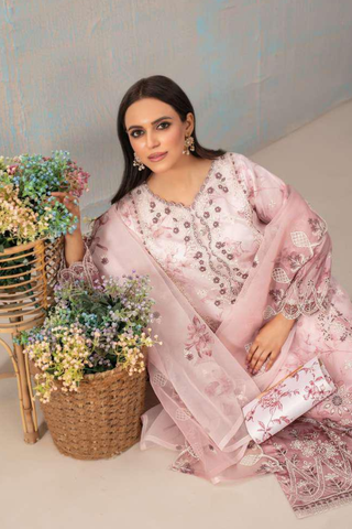 SHIRIN by Tawakkal Fabrics | Fancy Heavy Embroidered Organza 3 Piece Suit with Clutch D-1