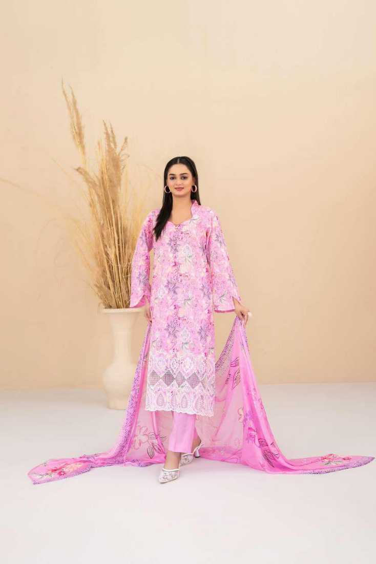 Eshanah by Tawakkal Fabrics | Embroidered Digital Printed Cross Slub Lawn 3 Piece Unstitched Suit D-1