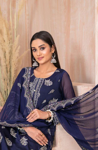 Lashkara by Tawakkal Fabrics | Fancy Embroidered Chiffon 3 Piece Semi-Stitched Suit D-3