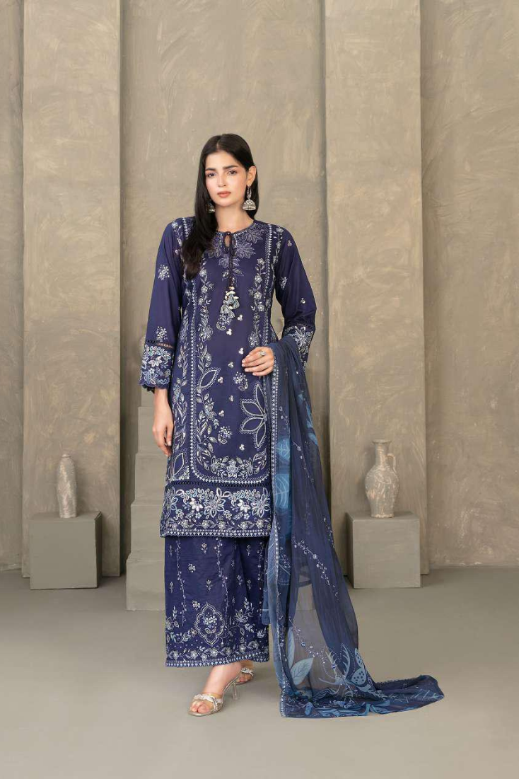 ZAYRA by Tawakkal Fabrics | Fancy Embroidered Cross Slub Lawn 3 Piece Semi-Stitched Suit D-4