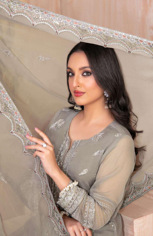 Lashkara by Tawakkal Fabrics | Fancy Embroidered Chiffon 3 Piece Semi-Stitched Suit D-5