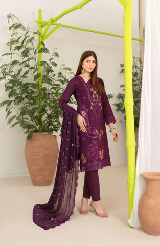 Nadia by Tawakkal Fabrics | Fancy Embroidered Cross Slub Lawn 3 Piece Unstitched Suit D-1