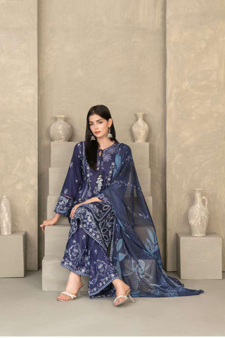 ZAYRA by Tawakkal Fabrics | Fancy Embroidered Cross Slub Lawn 3 Piece Semi-Stitched Suit D-4