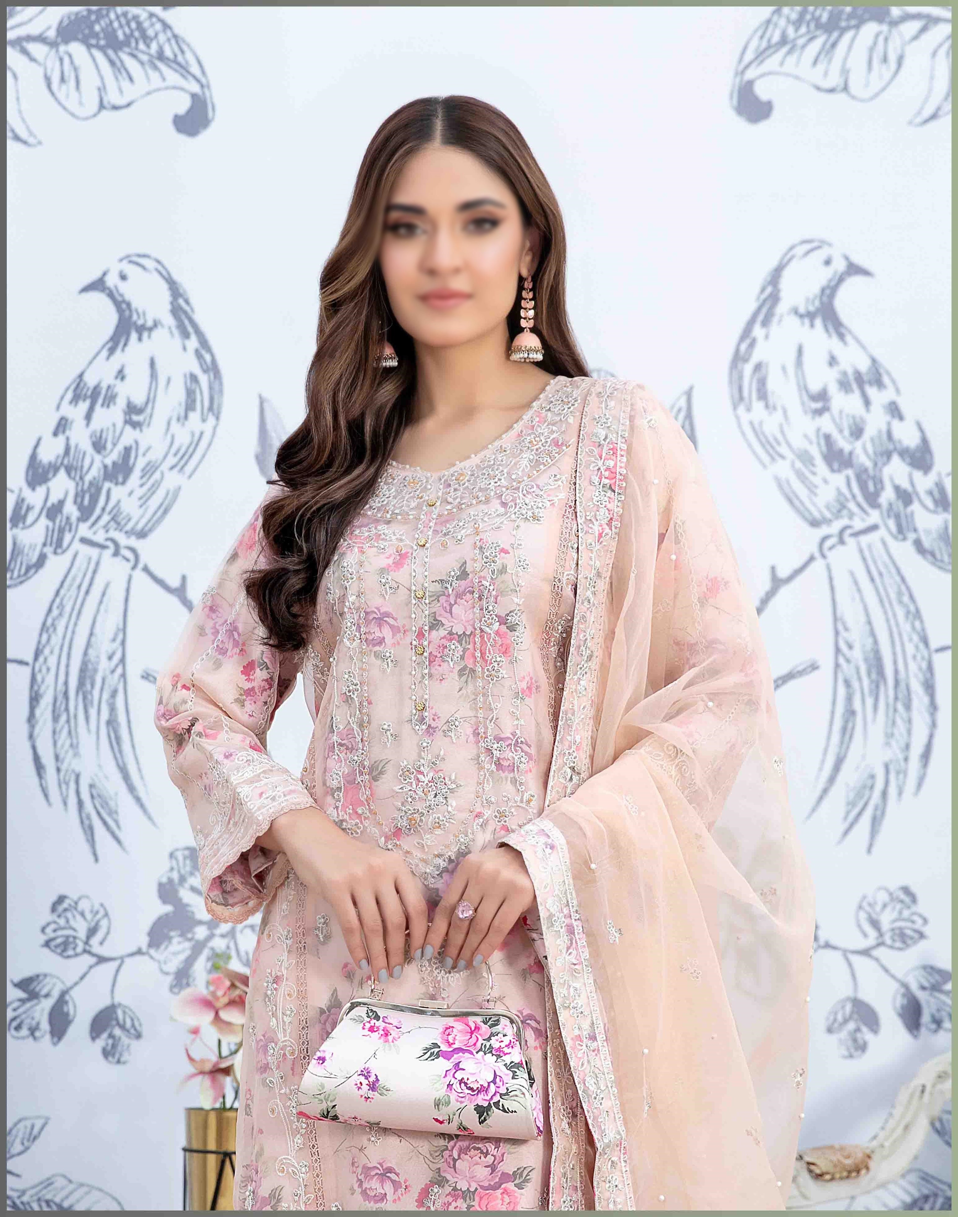D-9918  Mah-E-Meer Fancy Embroidered Organza Coll'23 By Tawakkal Semi-Stitched With Clutch