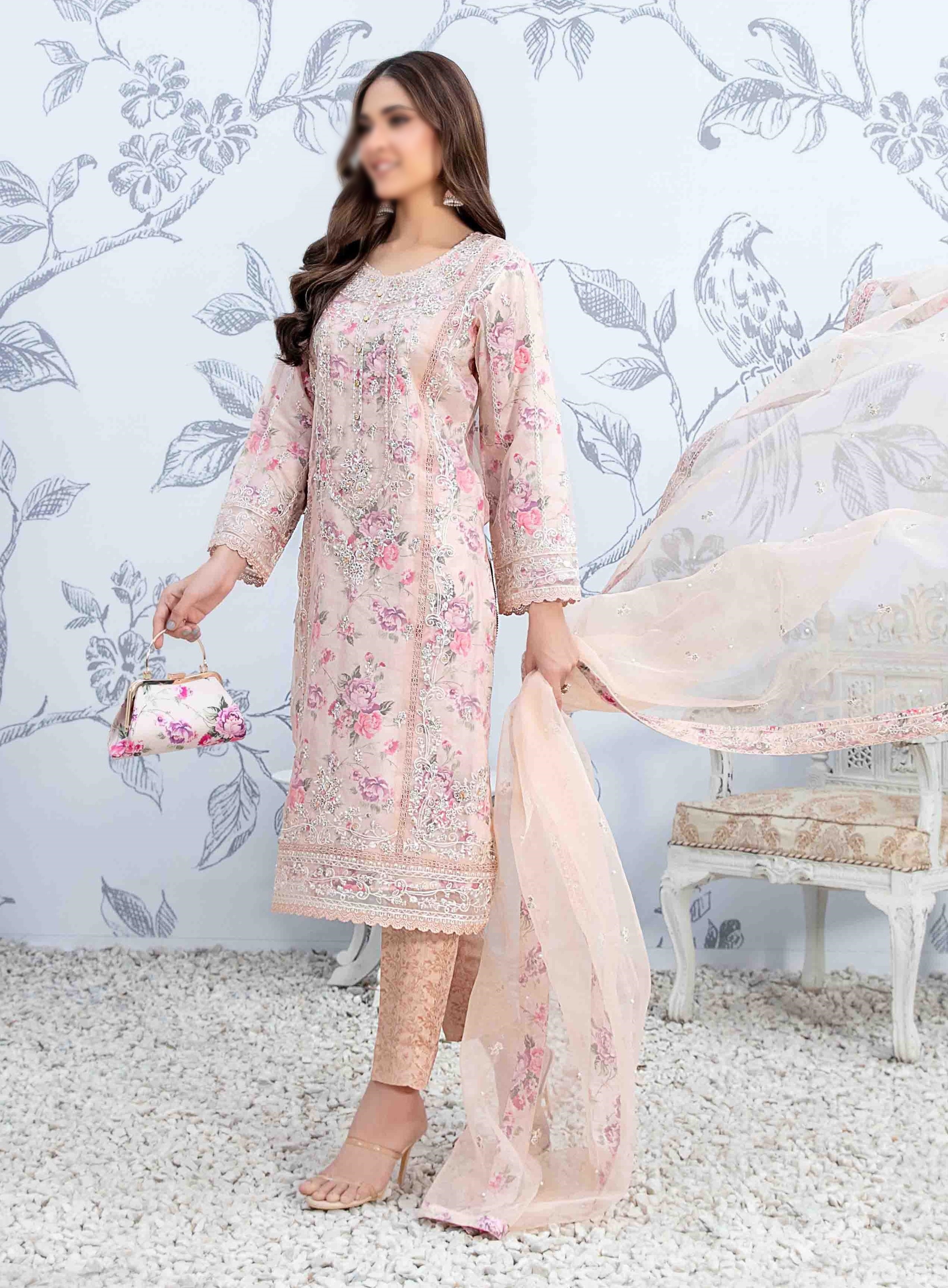 D-9918  Mah-E-Meer Fancy Embroidered Organza Coll'23 By Tawakkal Semi-Stitched With Clutch
