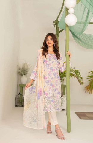 Sionya by Tawakkal Fabrics | Embroidered Digital Cross Slub Lawn 3 Piece Unstitched Suit D-4