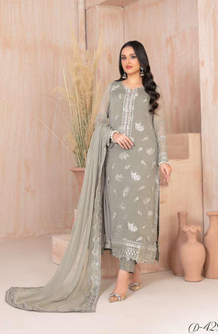 Lashkara by Tawakkal Fabrics | Fancy Embroidered Chiffon 3 Piece Semi-Stitched Suit D-5