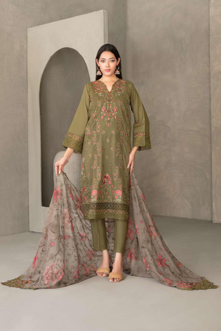 ZAYRA by Tawakkal Fabrics | Fancy Embroidered Cross Slub Lawn 3 Piece Semi-Stitched Suit D-5