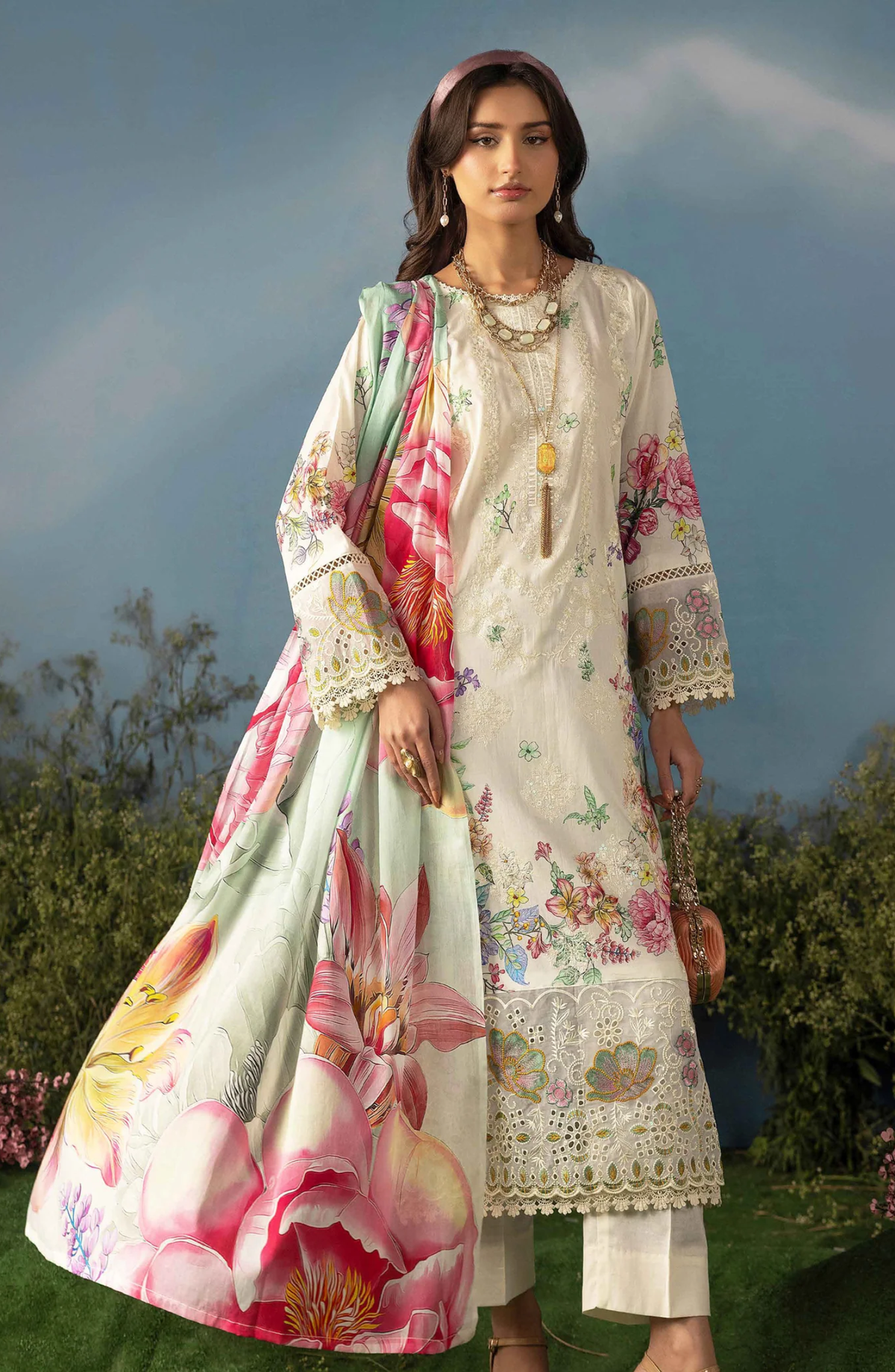 Luxury Embroidered Lawn Unstitched 3 Piece Suit Butterfly by Riaz Arts D-3