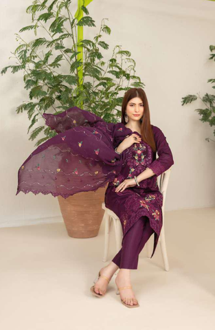 Nadia by Tawakkal Fabrics | Fancy Embroidered Cross Slub Lawn 3 Piece Unstitched Suit D-1