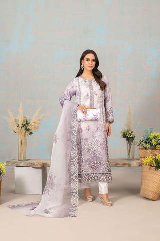 SHIRIN by Tawakkal Fabrics | Fancy Heavy Embroidered Organza 3 Piece Suit with Clutch D-2