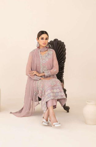 Libaas-E-Ishq by Tawakkal Fabrics | Fancy Embroidered Chiffon 3 Piece Semi-Stitched Suit D-7