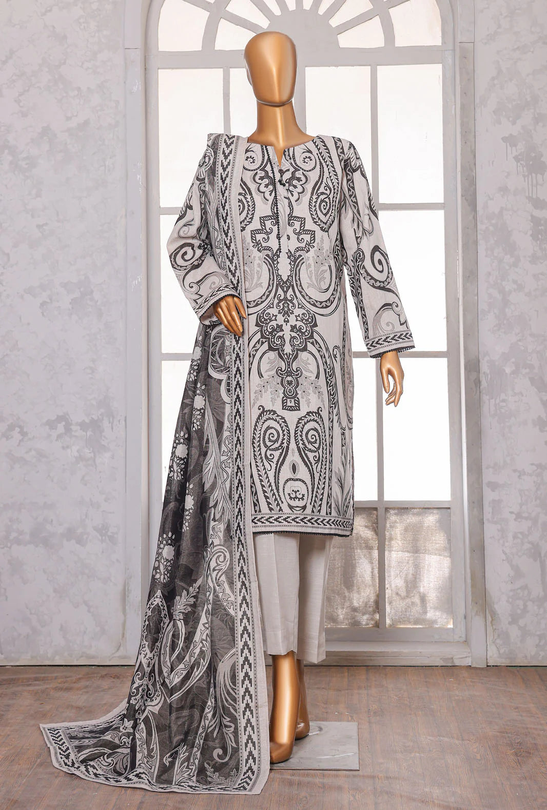 PREMIUM KHADDAR CHIMKI PRINTED 3PC UNSTITCHED COLL BY HZ D-3