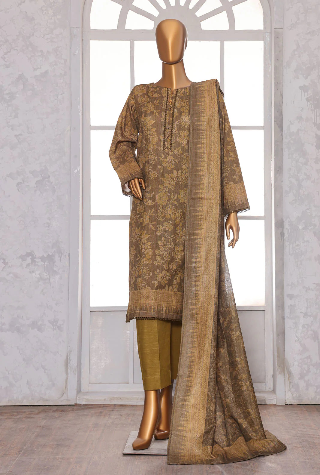 PREMIUM KHADDAR CHIMKI PRINTED 3PC UNSTITCHED COLL BY HZ D-6