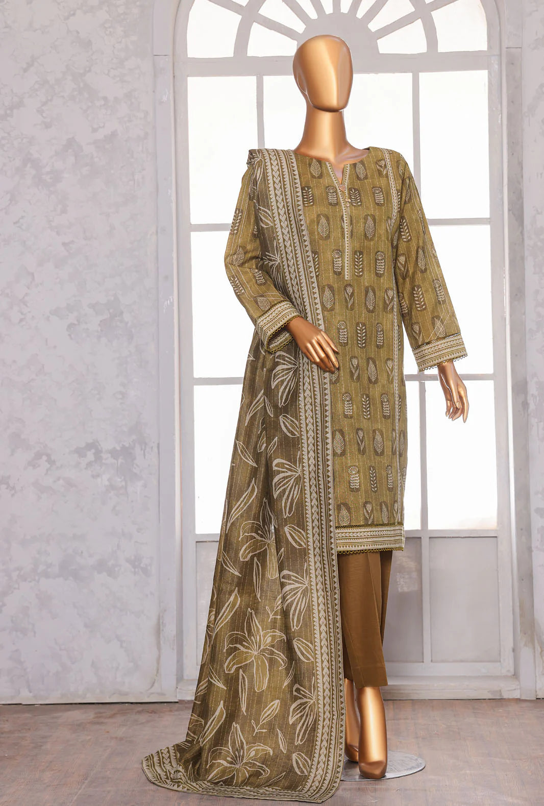 PREMIUM KHADDAR CHIMKI PRINTED 3PC UNSTITCHED COLL BY HZ D-8