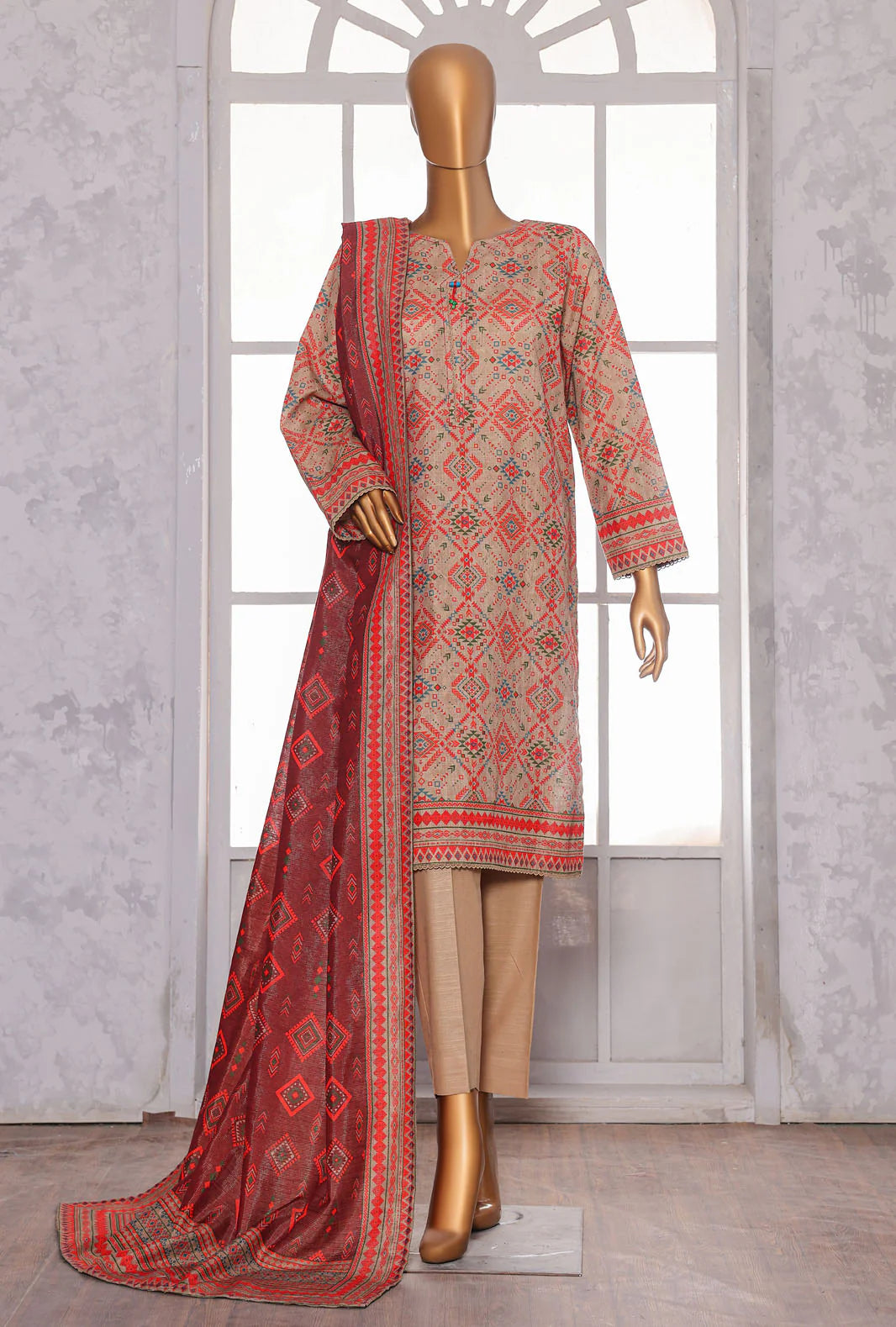 PREMIUM KHADDAR CHIMKI PRINTED 3PC UNSTITCHED COLL BY HZ D-12