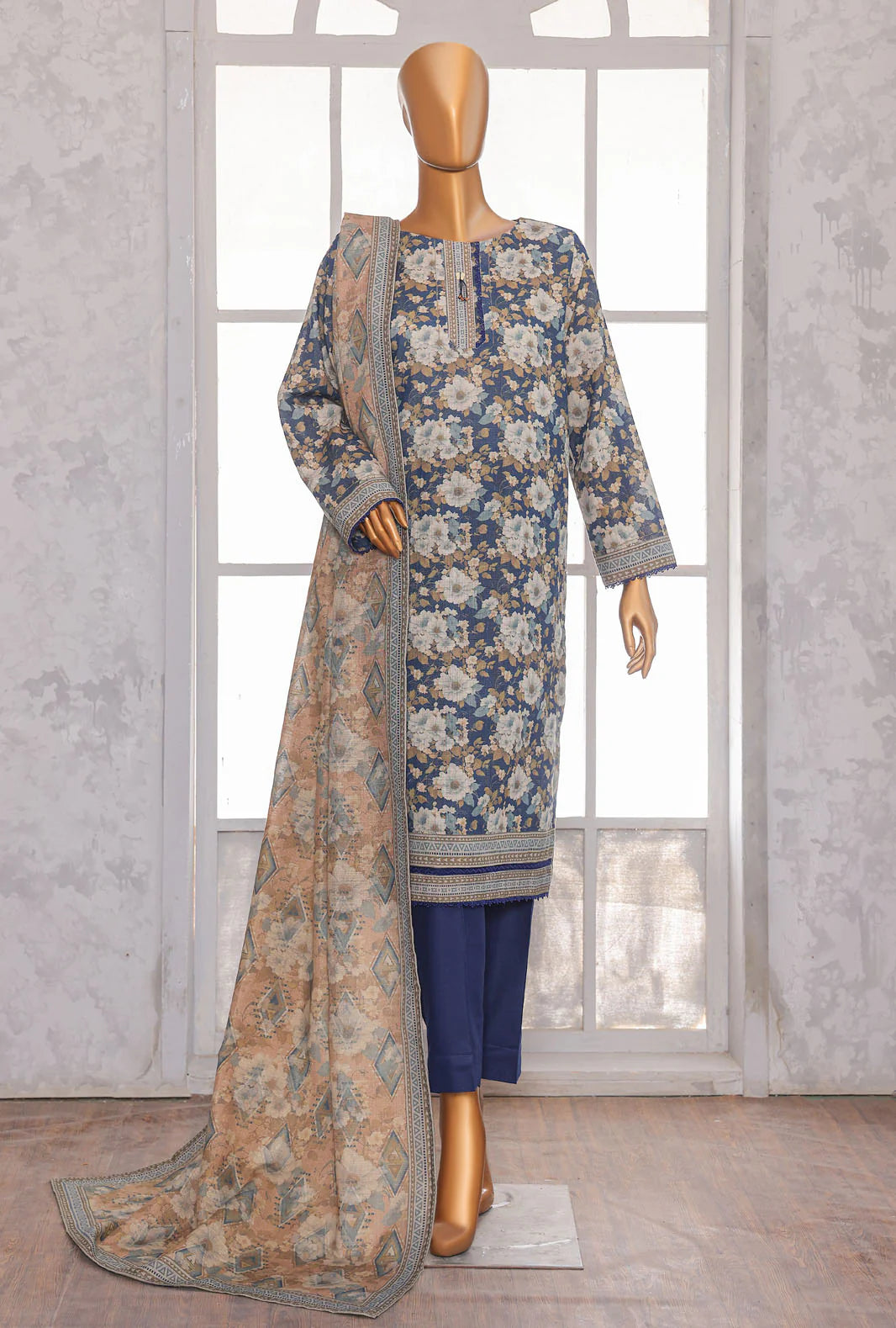 PREMIUM KHADDAR CHIMKI PRINTED 3PC UNSTITCHED COLL BY HZ D-11