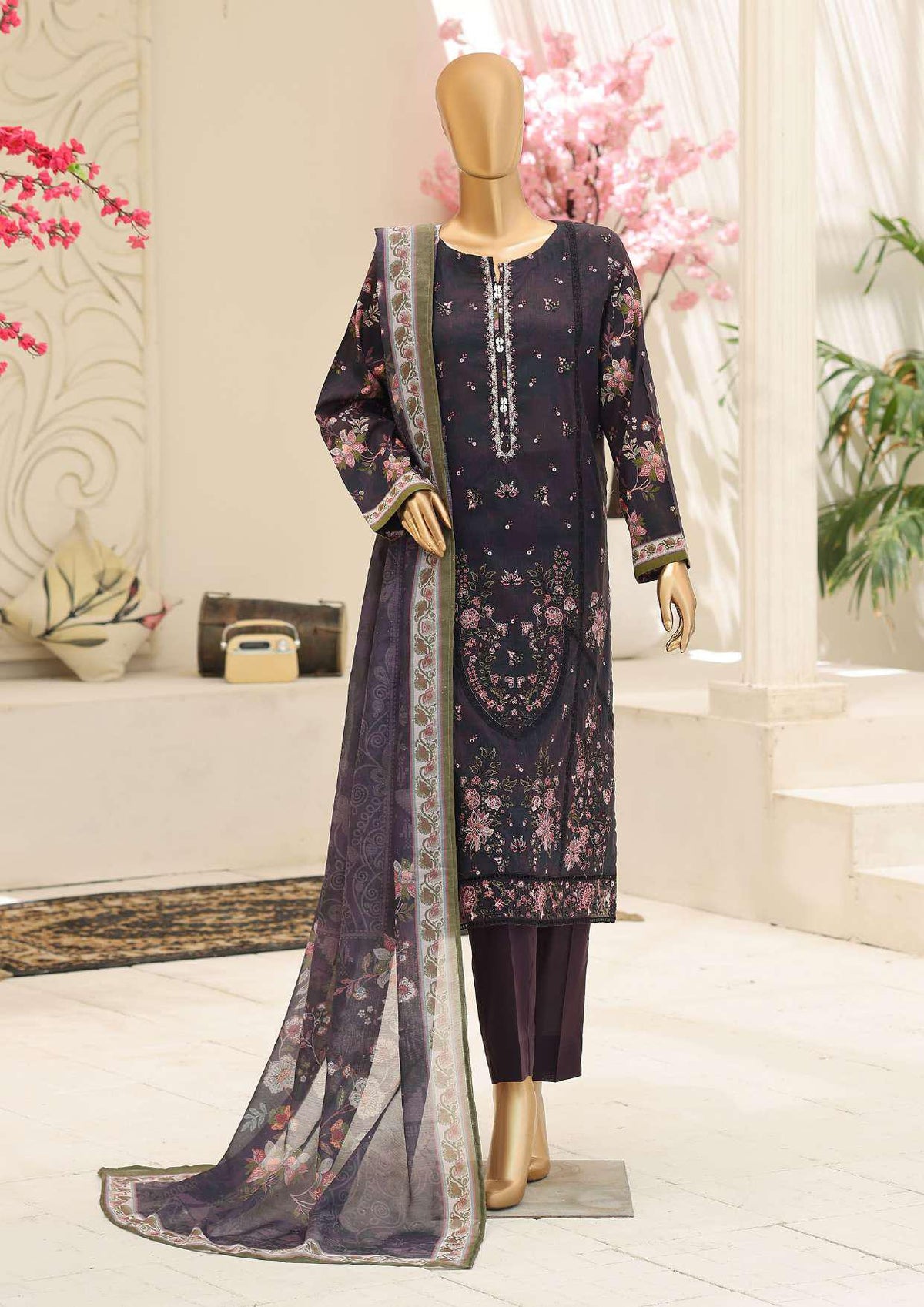 Mehak by HZ Textiles | Embroidered 3 Piece Unstitched Slub Lawn Suit D-4