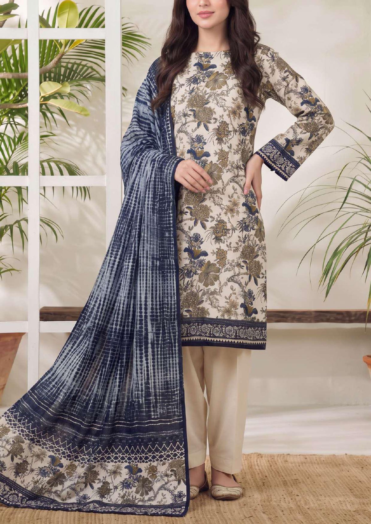 VS Jhalak Printed Slub Linen Unstitched 3 Piece Suit D-4