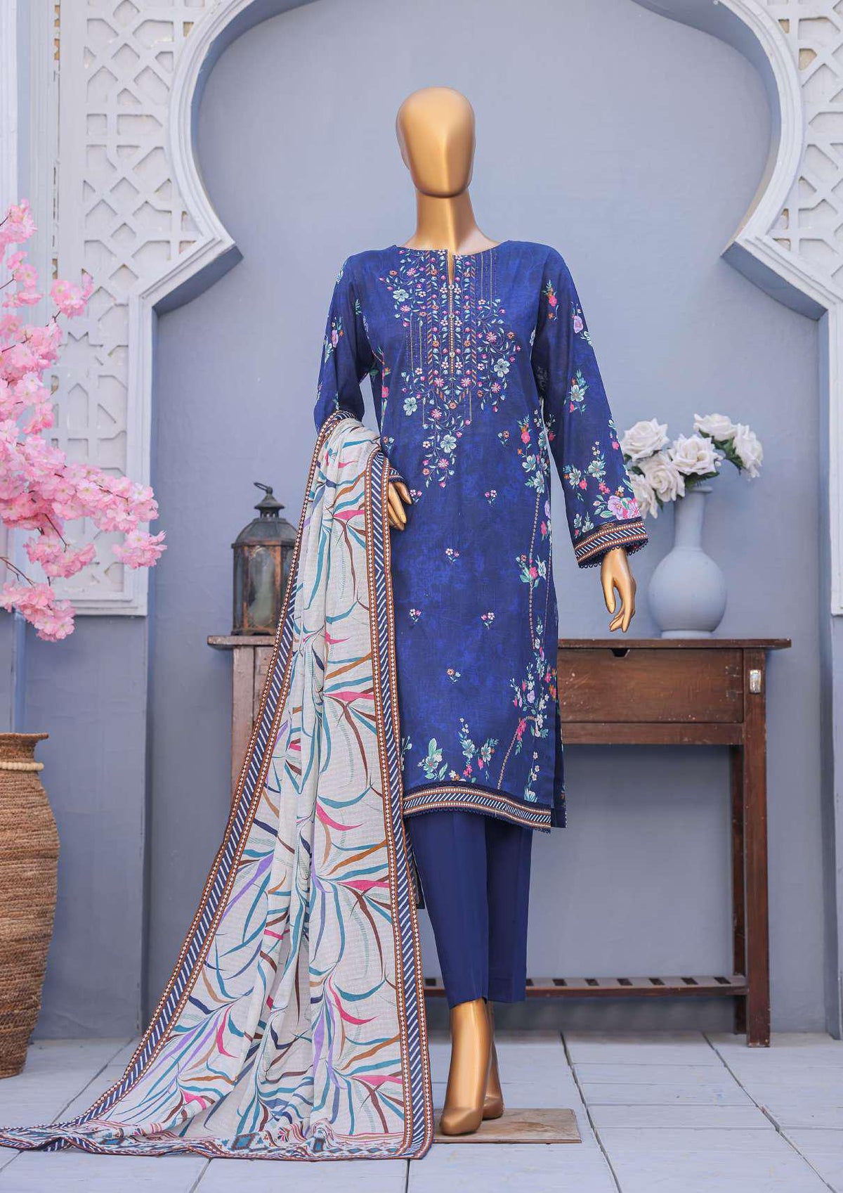 Mehak Cross Slub Embroidered Collection Un-Stitched 3Pc By Hz Textile D-5