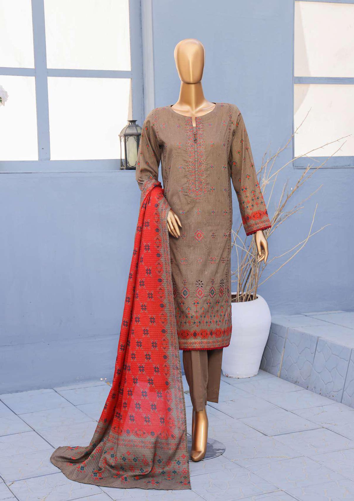 Mehak Cross Slub Embroidered Collection Un-Stitched 3Pc By Hz Textile D-6