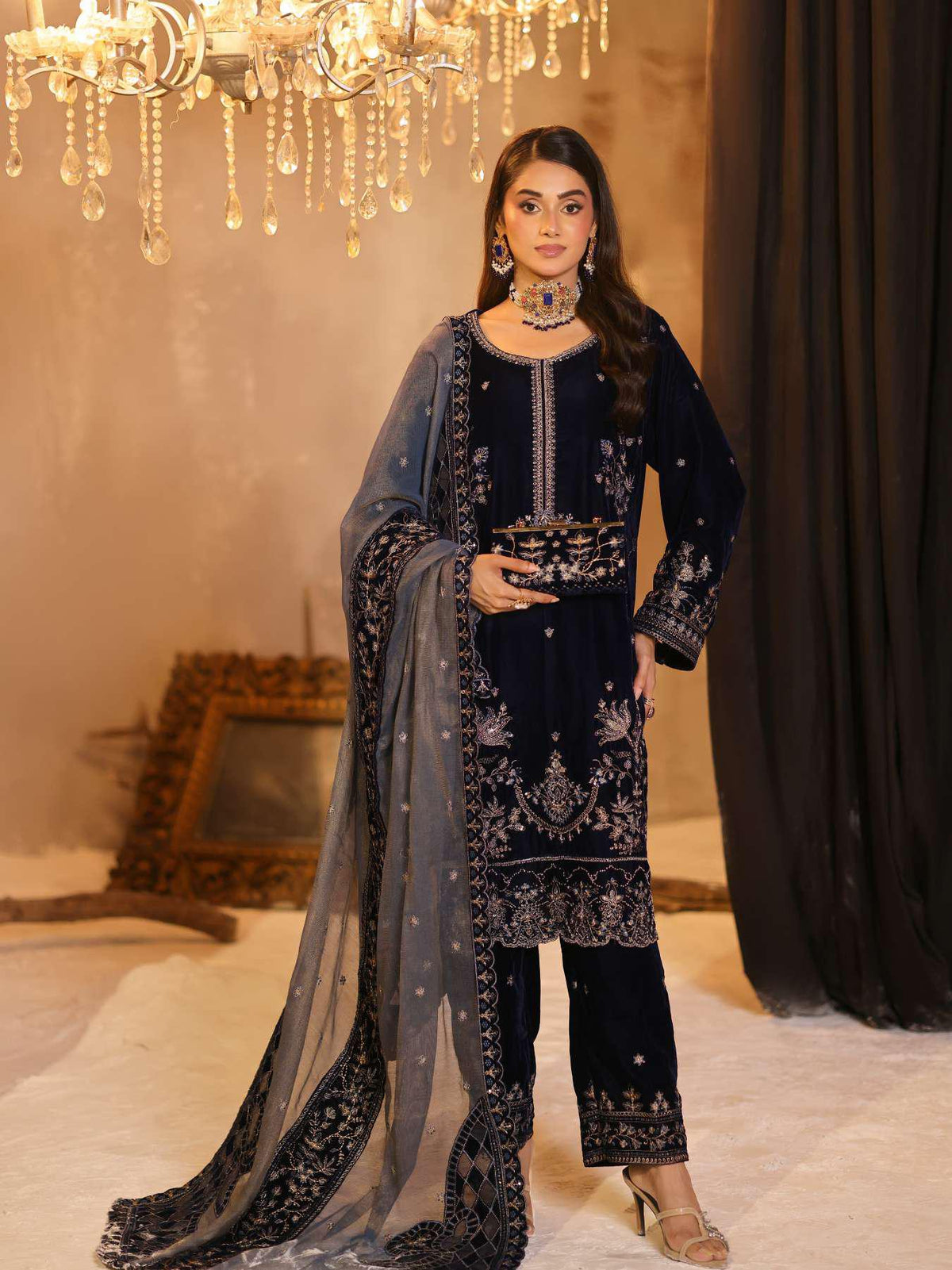 Dr. Haris Velvet Unstitched 3 Piece Luxury Suit D-2