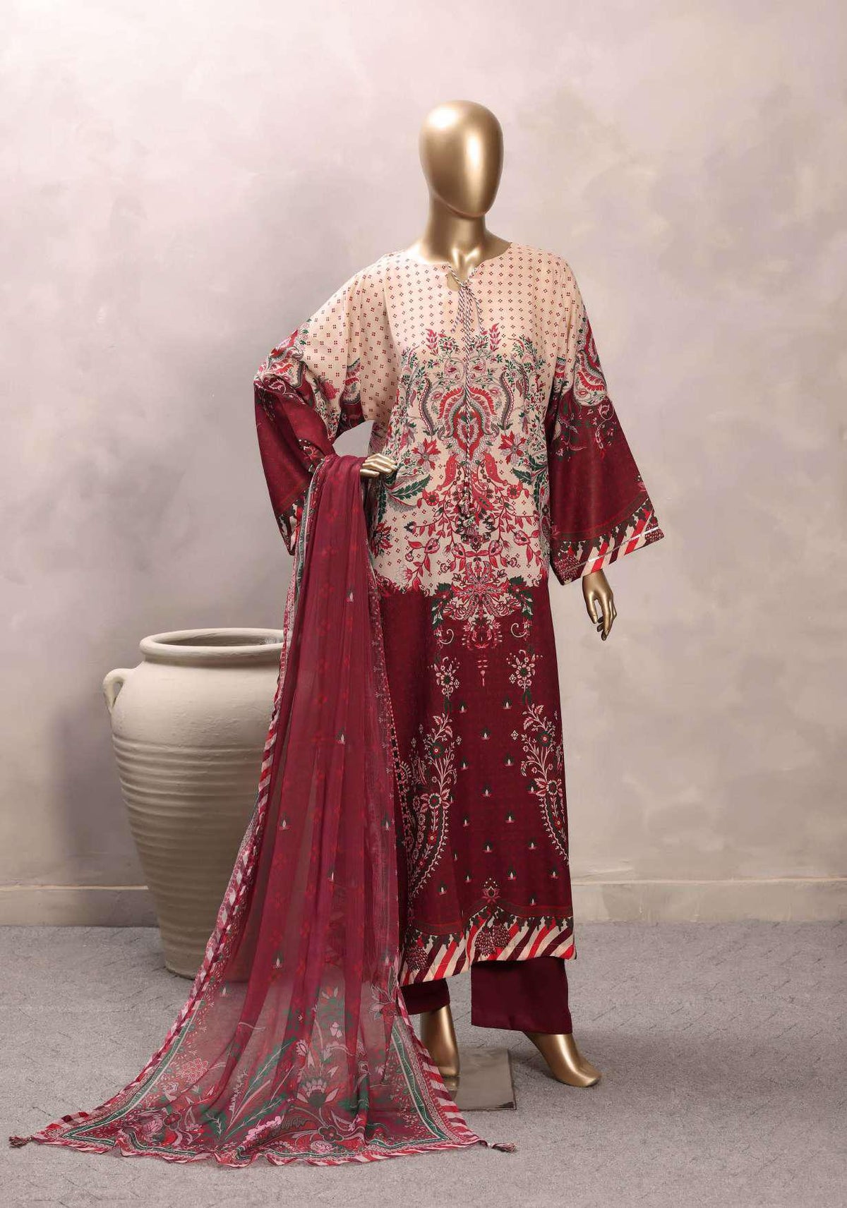 Sadabahar Printed Chamti Cotton | 3 Piece Stitched Kaftan Suit D-9