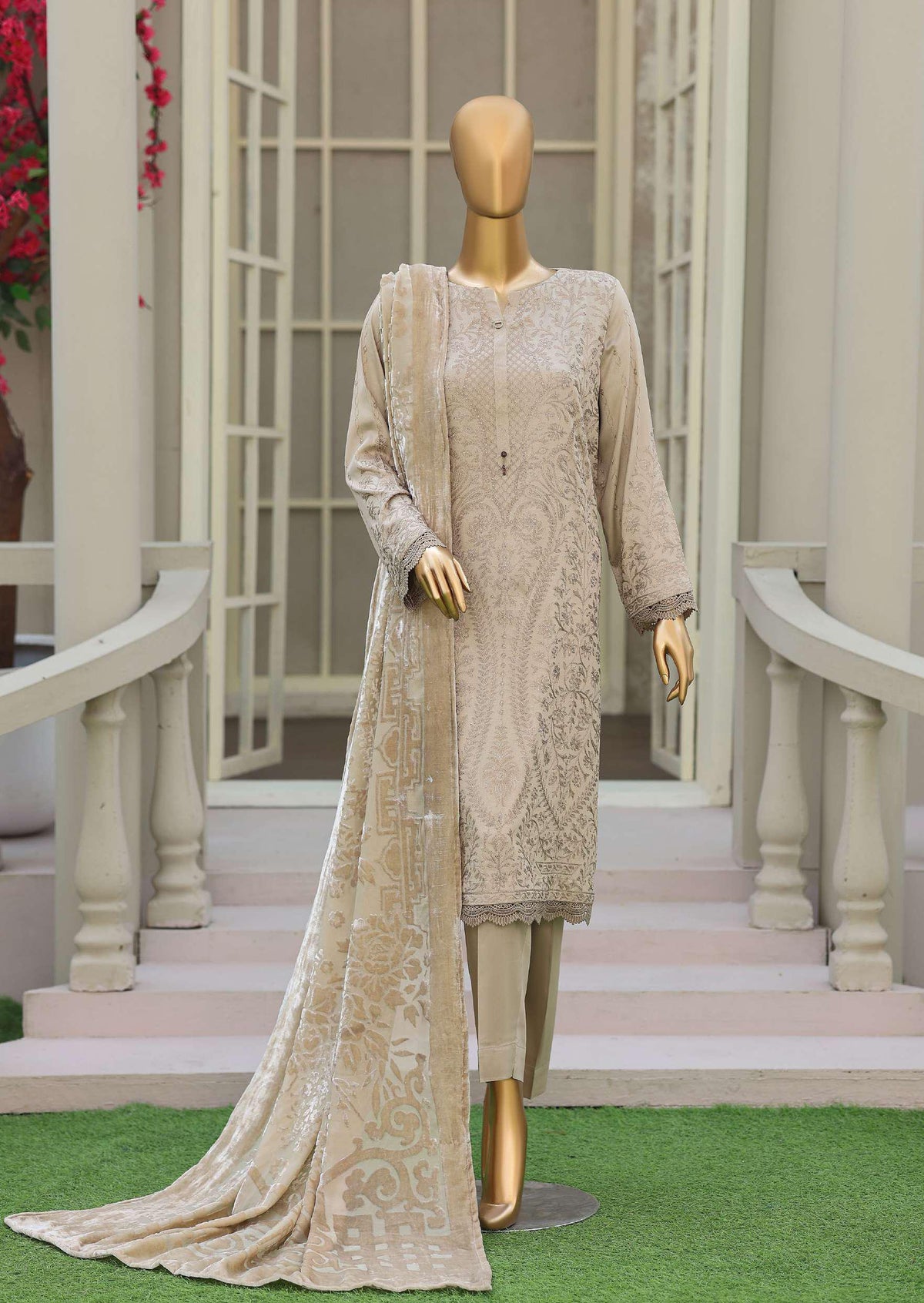 HZ Velvet Royal Needlework Luxe 3-Piece Unstitched Suit D-1