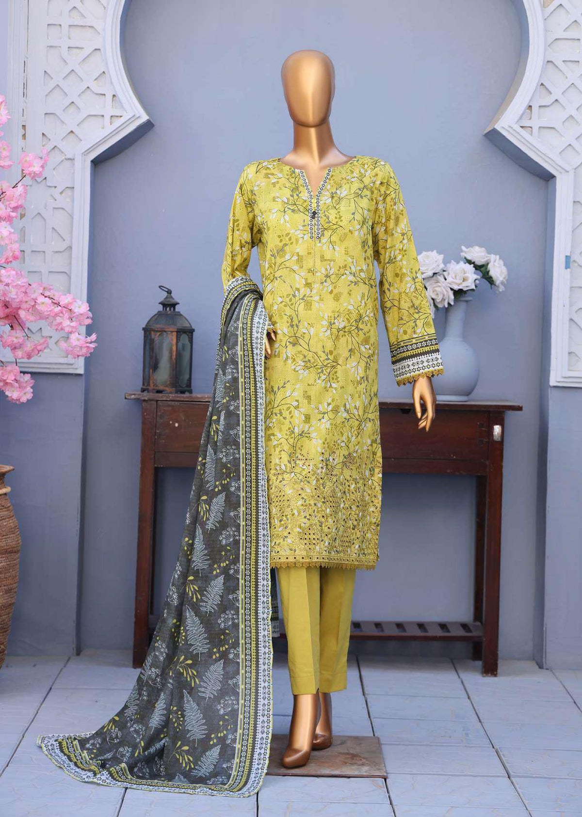 Mehak Cross Slub Embroidered Collection Un-Stitched 3Pc By Hz Textile D-7