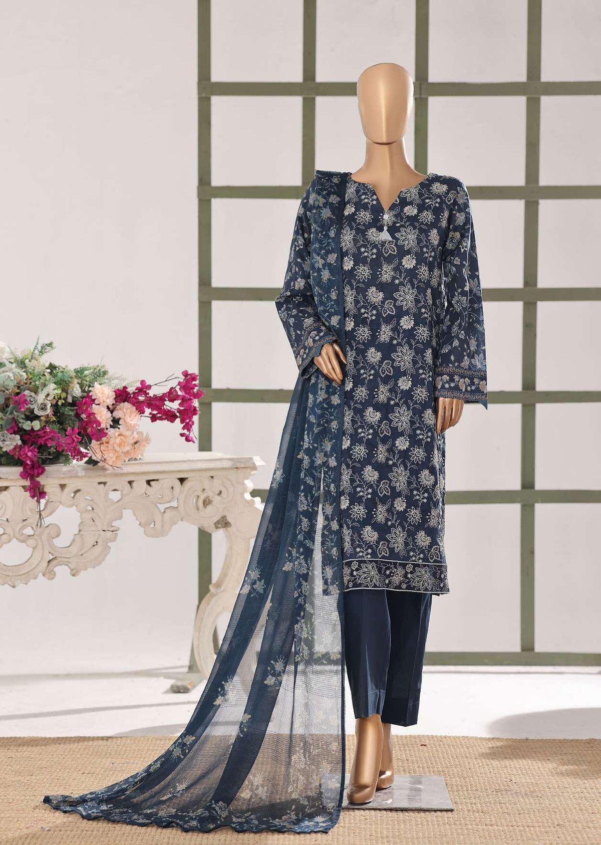 HZ Textiles – Mehak Slub Lawn Embroidered Collection Vol-02 D-7