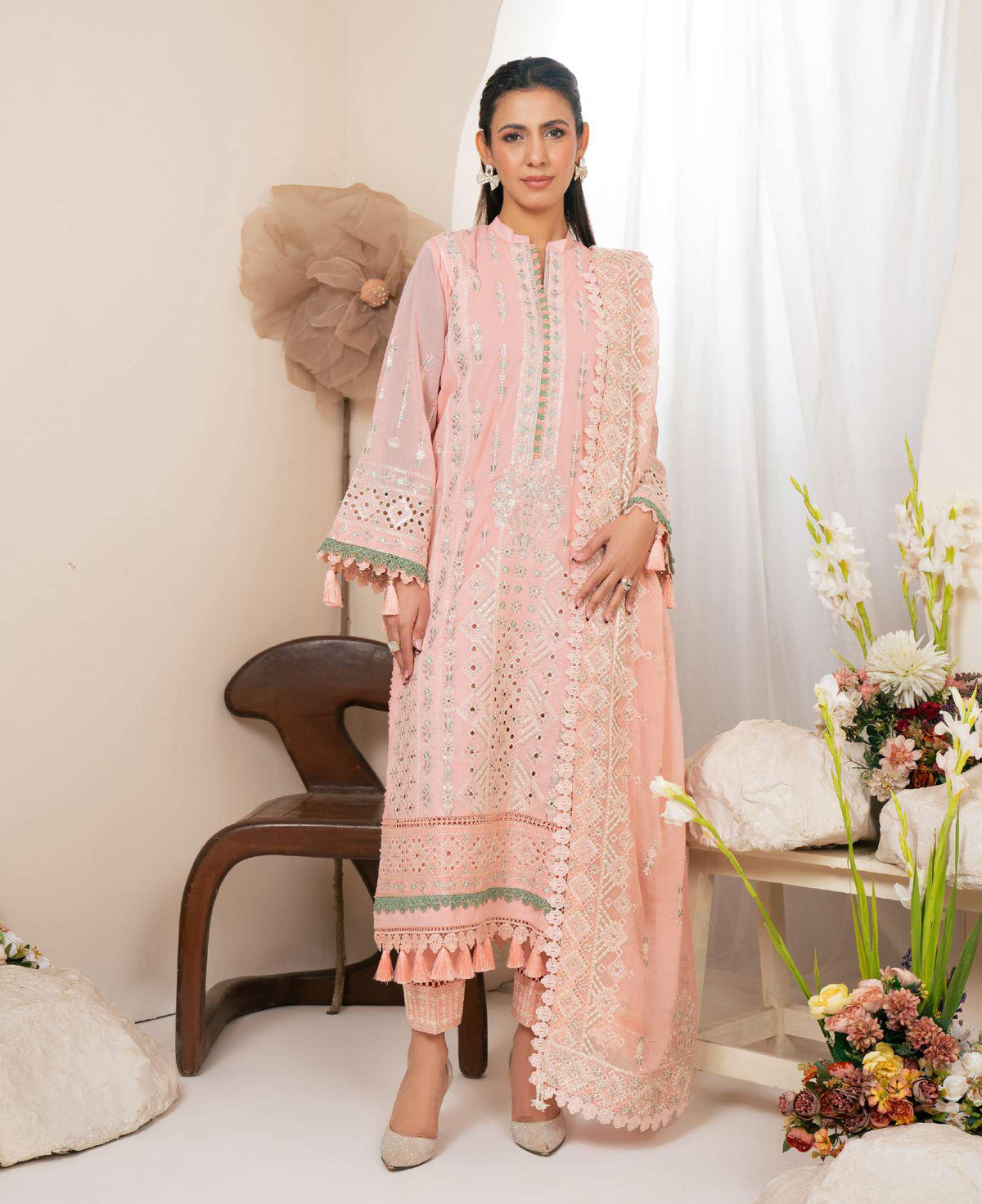 Johra Pinks Swiss Voil Embroidered with Chiffon Dupatta Unstitched 3 Piece by Johra Arts D-9