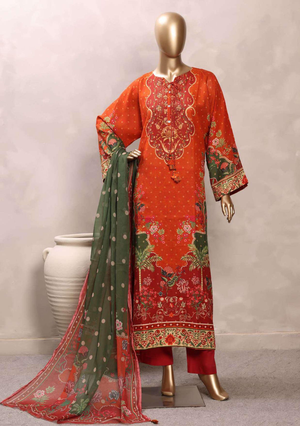 Sadabahar Printed Chamti Cotton | 3 Piece Stitched Kaftan Suit D-1
