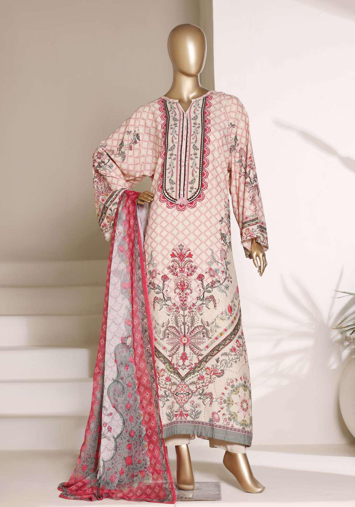 Sadabahar Kaftaan | Printed 3 Piece Stitched Viscose Suit D-1