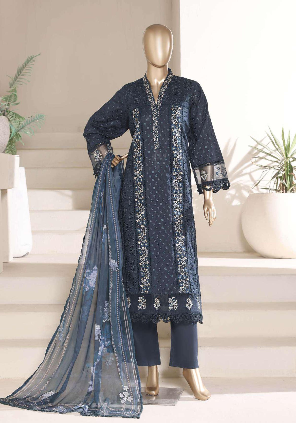 Multi Chickenkari by Sadabahar | Heavy Embroidered Lawn 3 Piece Stitched Suit D-1