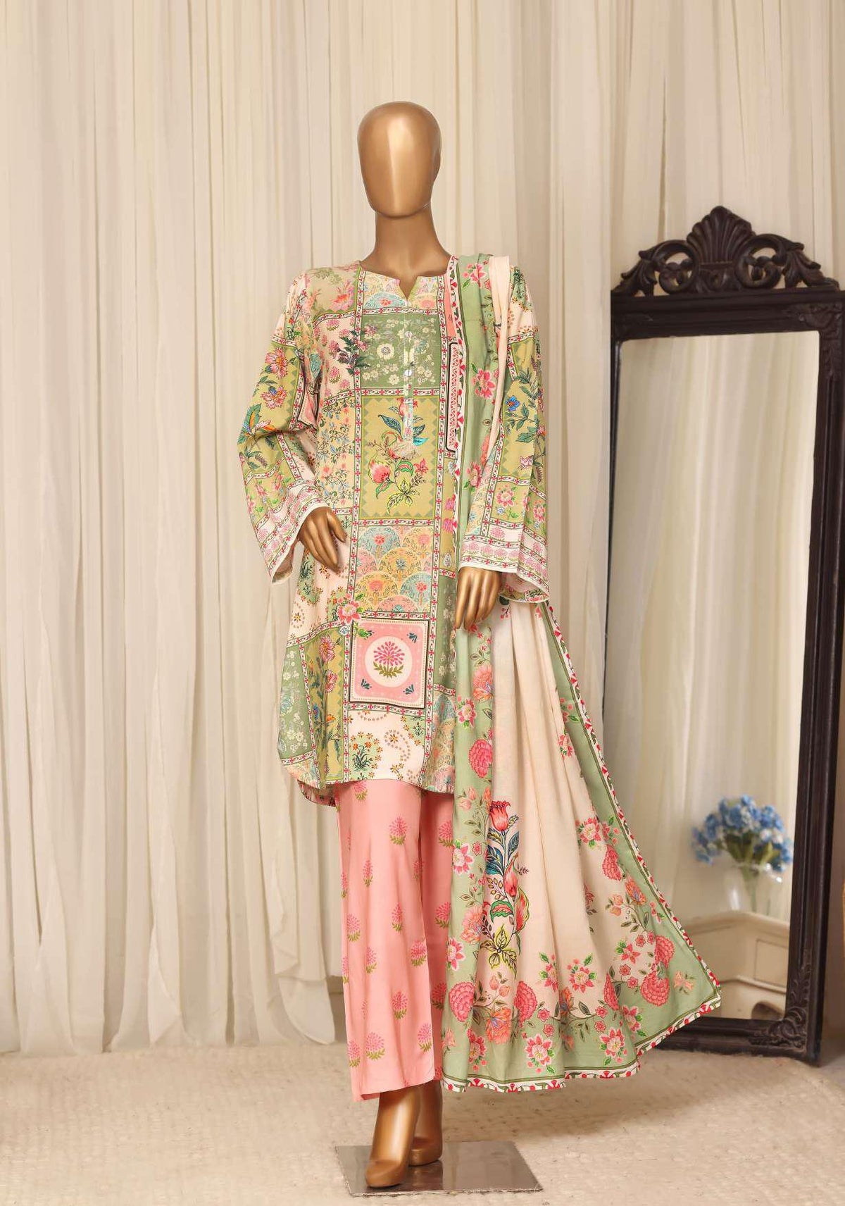 Sadabahar Printed Linen Stitched 3 Piece Suit D-1