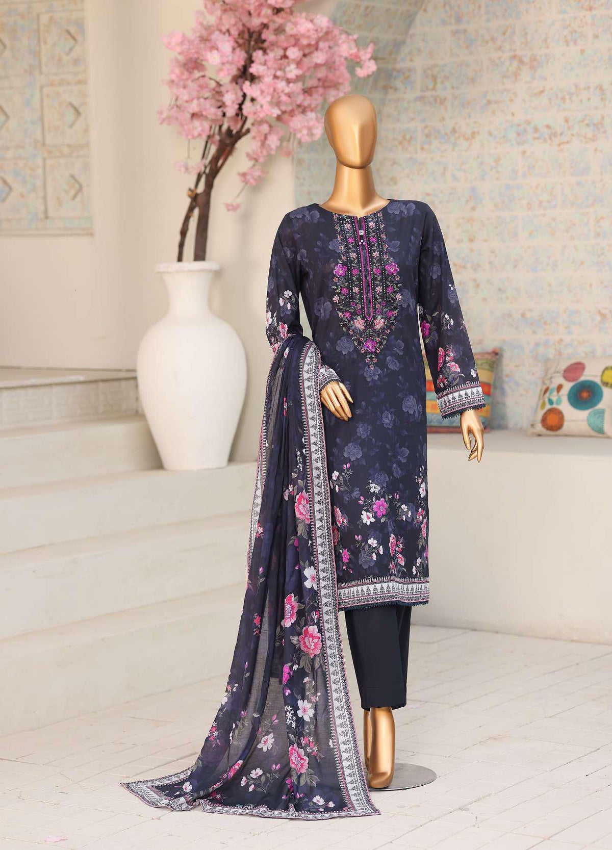 Premium Daily Wear by HZ Textiles Vol-5 | Embroidered Lawn 3 Piece Unstitched Suit D-8