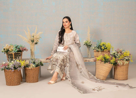 SHIRIN by Tawakkal Fabrics | Fancy Heavy Embroidered Organza 3 Piece Suit with Clutch D-7