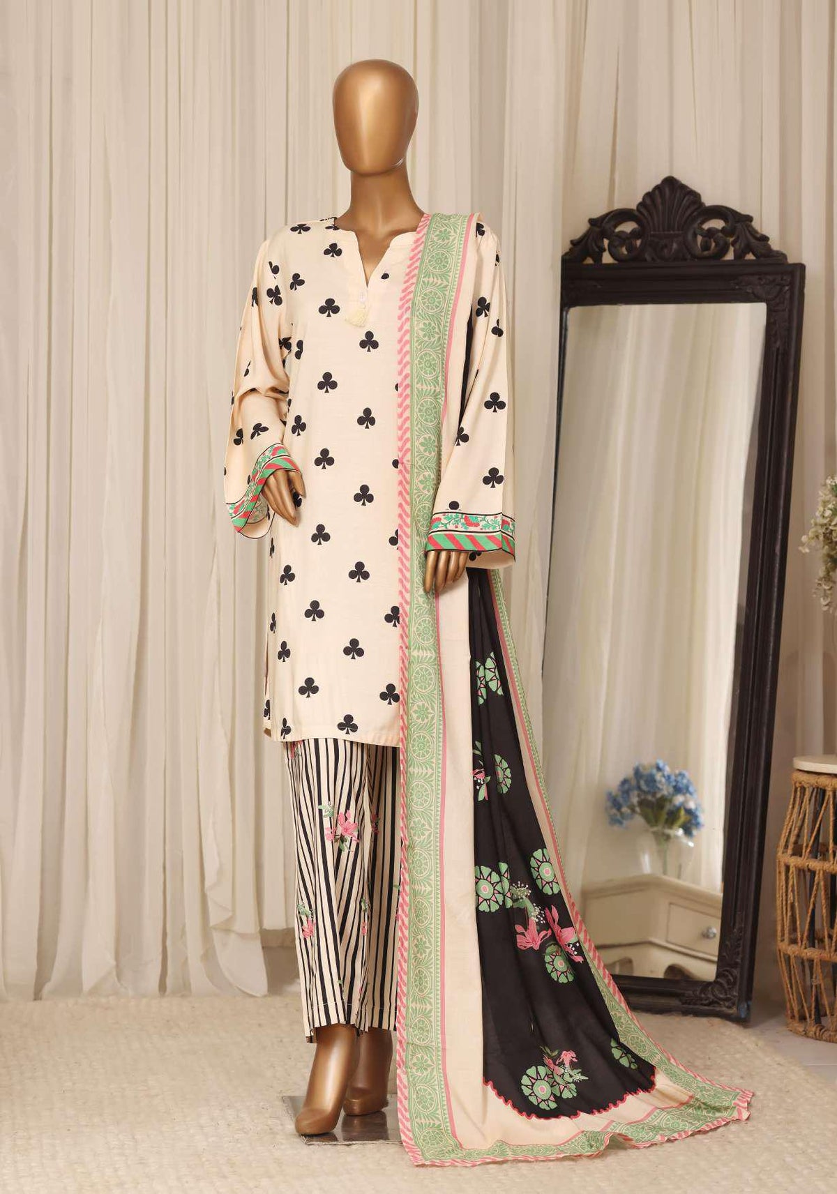 Sadabahar Printed Linen Stitched 3 Piece Suit D-2