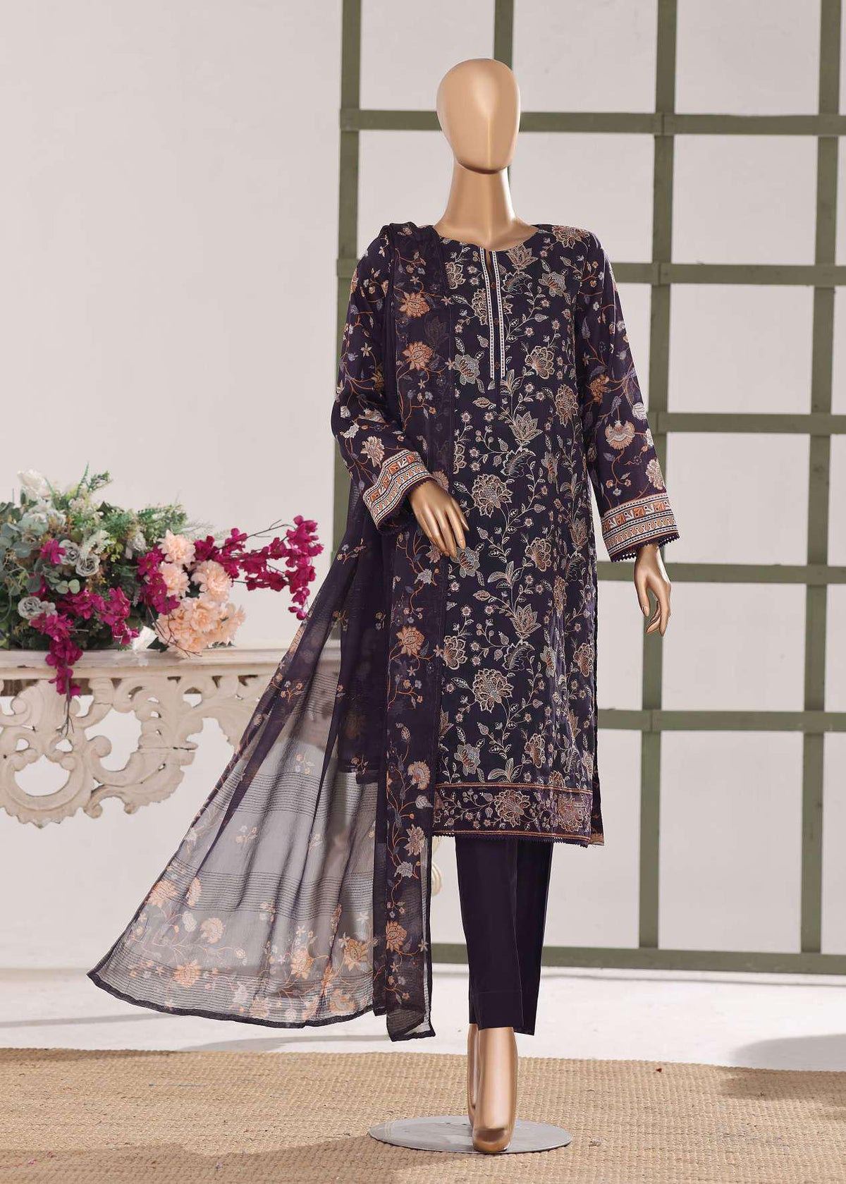 HZ Textiles – Mehak Slub Lawn Embroidered Collection Vol-02 D-1