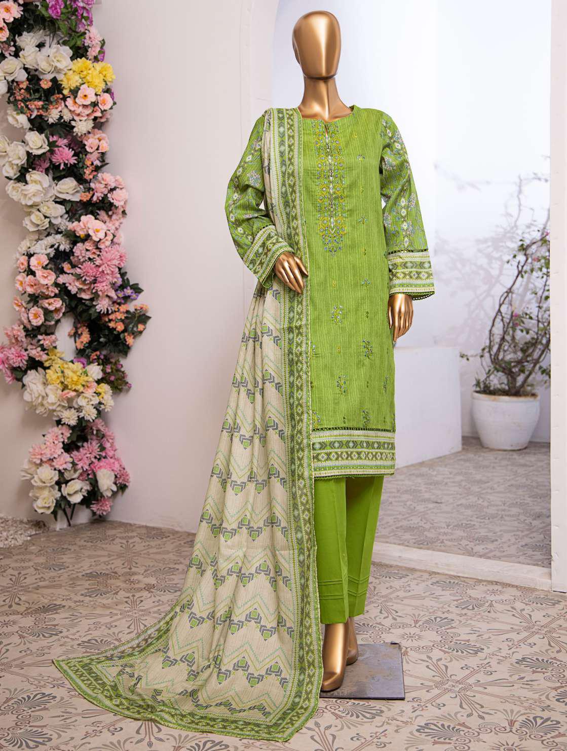 Mehek by HZ textile Emb Lawn Unstitched 3 Piece D-03 Green - Summer Collection