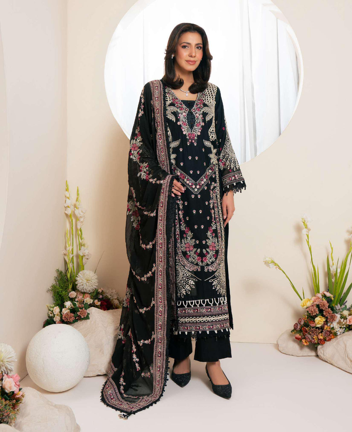 Johra Pinks Swiss Voil Embroidered with Chiffon Dupatta Unstitched 3 Piece by Johra Arts D-1