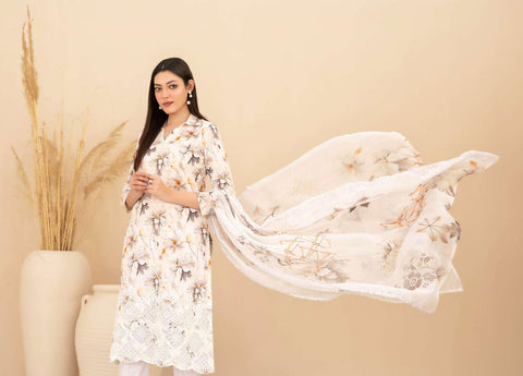 Eshanah by Tawakkal Fabrics | Embroidered Digital Printed Cross Slub Lawn 3 Piece Unstitched Suit D-4