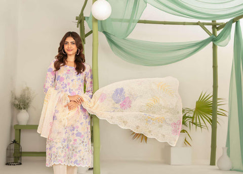 Sionya by Tawakkal Fabrics | Embroidered Digital Cross Slub Lawn 3 Piece Unstitched Suit D-4