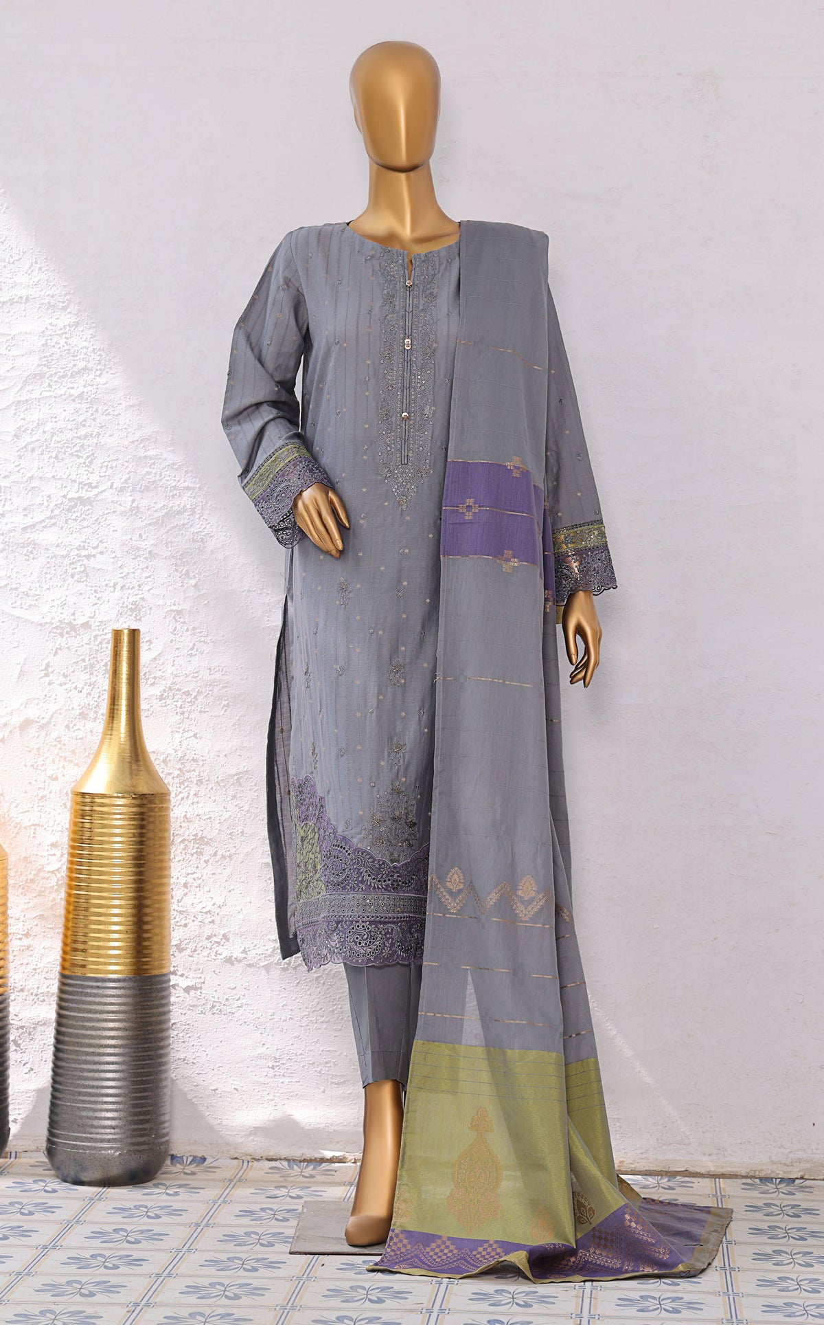 Turkish Jacquard Vol-1 Emb Un Stitched 3 Piece HZ-4