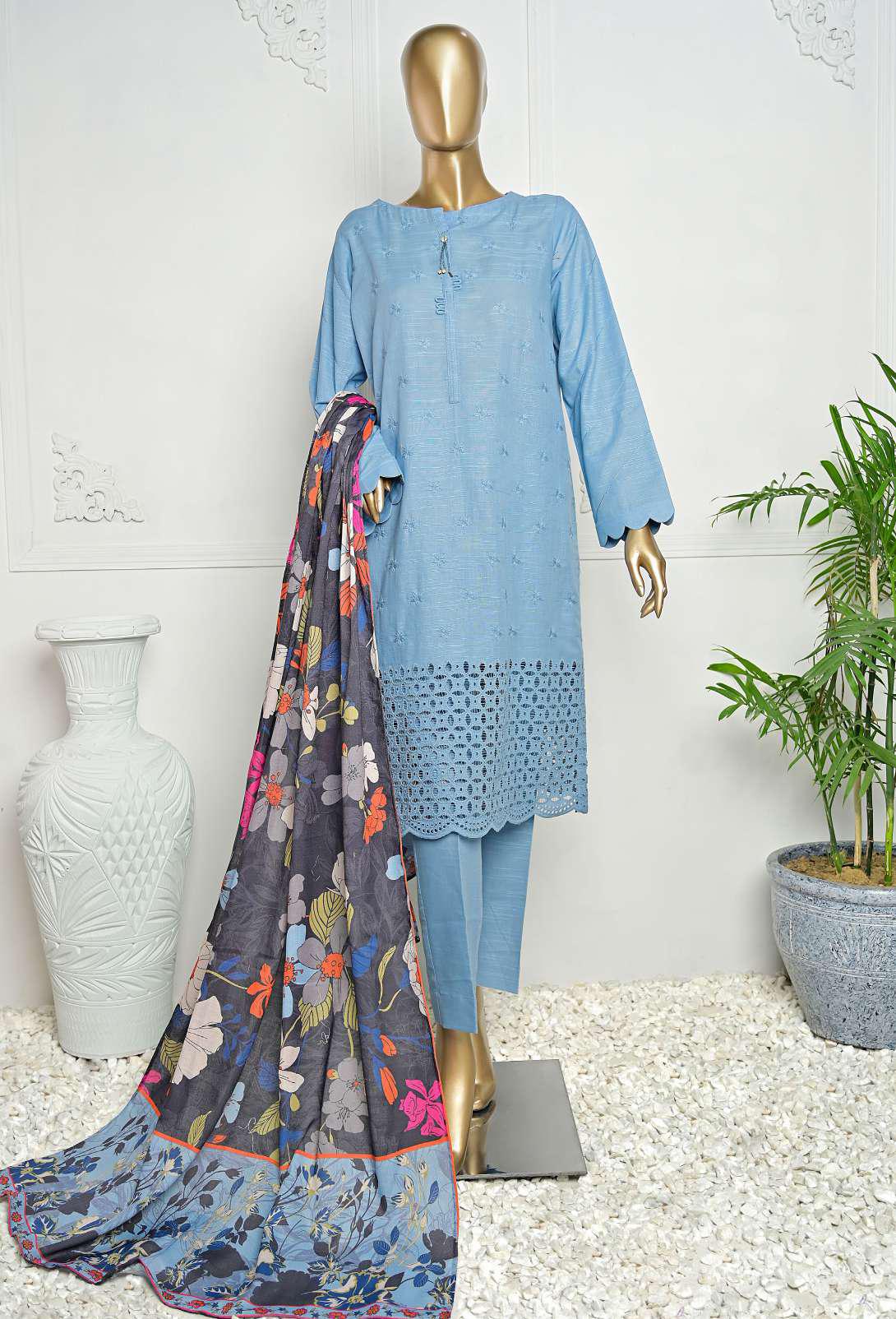 D-04 HZ Khaddar Embroidered Chickenkari With Pashmina Shawl 3- Piece Suit Unstitched