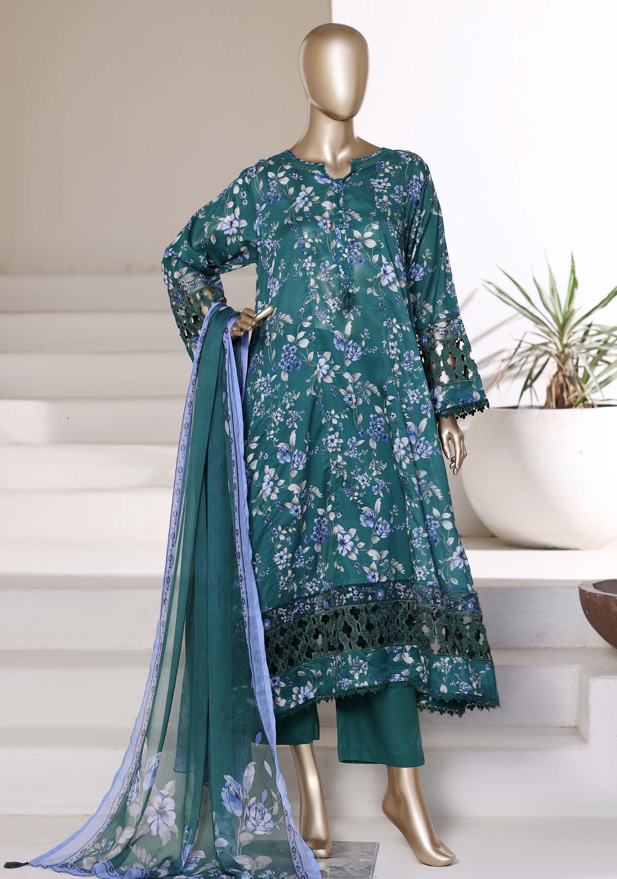 Sadabahar Luxury Peplum | Heavy Embroidered Lawn 3 Piece Stitched Suit D-1