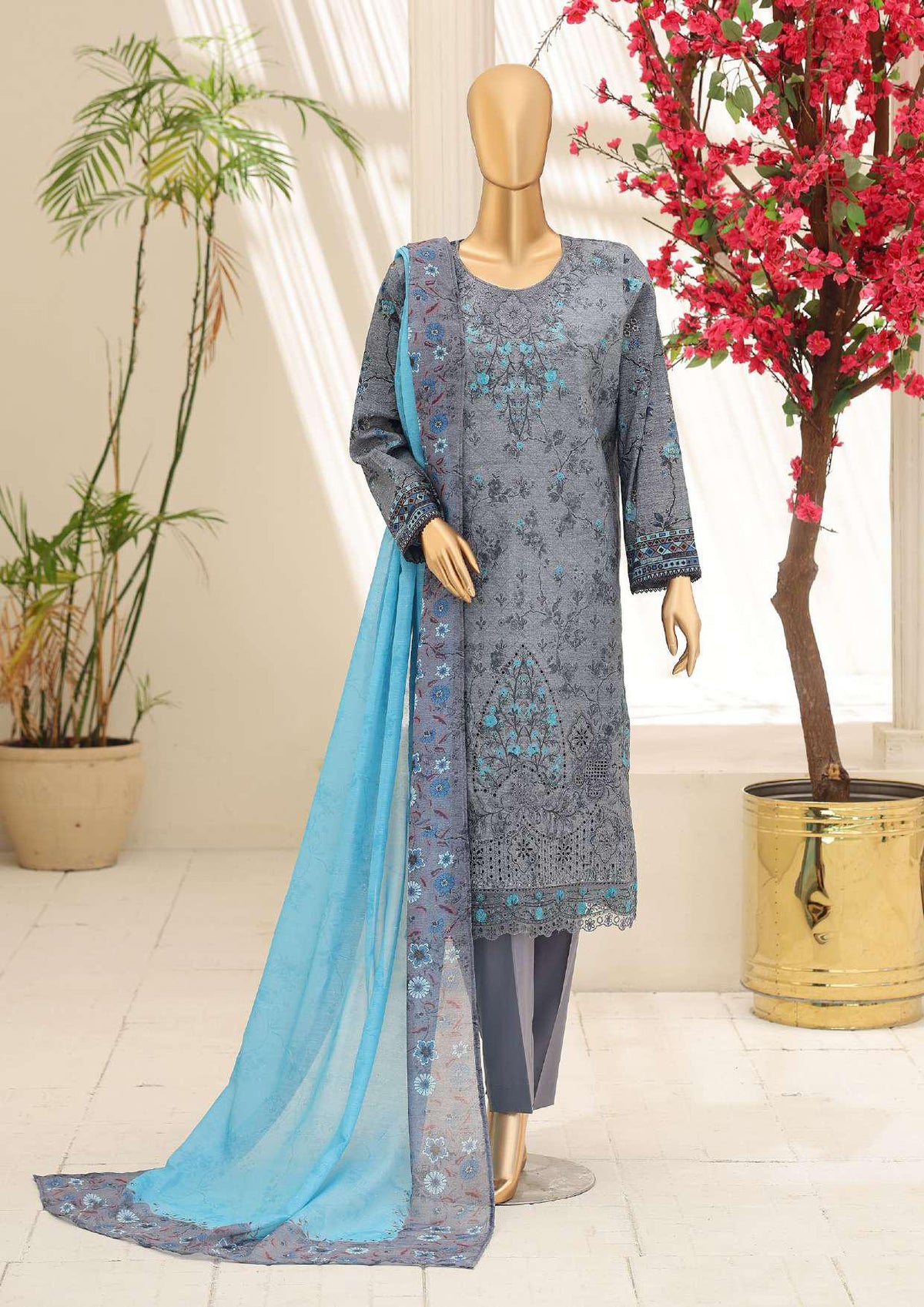 Mehak by HZ Textiles | Embroidered 3 Piece Unstitched Slub Lawn Suit D-3