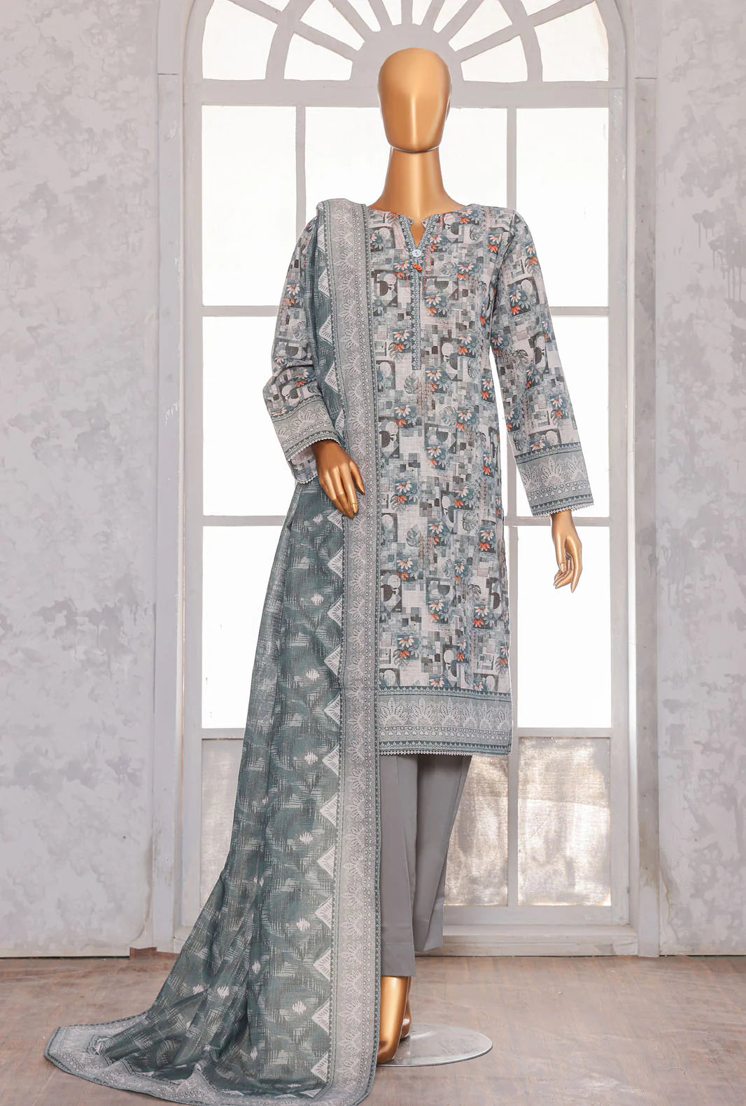 PREMIUM KHADDAR CHIMKI PRINTED 3PC UNSTITCHED COLL BY HZ D-1